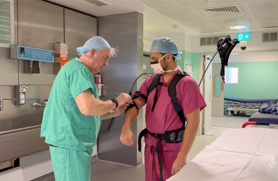 Kaps getting kitted up with the exoskeleton