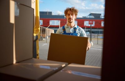 A man is holding a large box and loading it into the back of a truck.