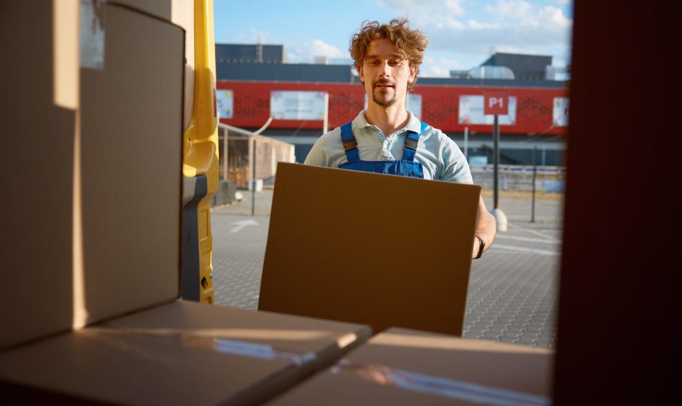 A man is holding a large box and loading it into the back of a truck.