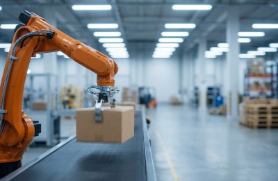 Automated robotic arm lifts a large box off a conveyor belt in a logistics warehouse.
